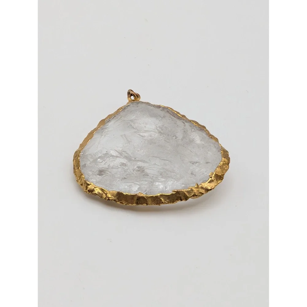 Unsigned Raw Clear Quartz Crystal Slice Pendant Gold Tone Edge Boho Statement